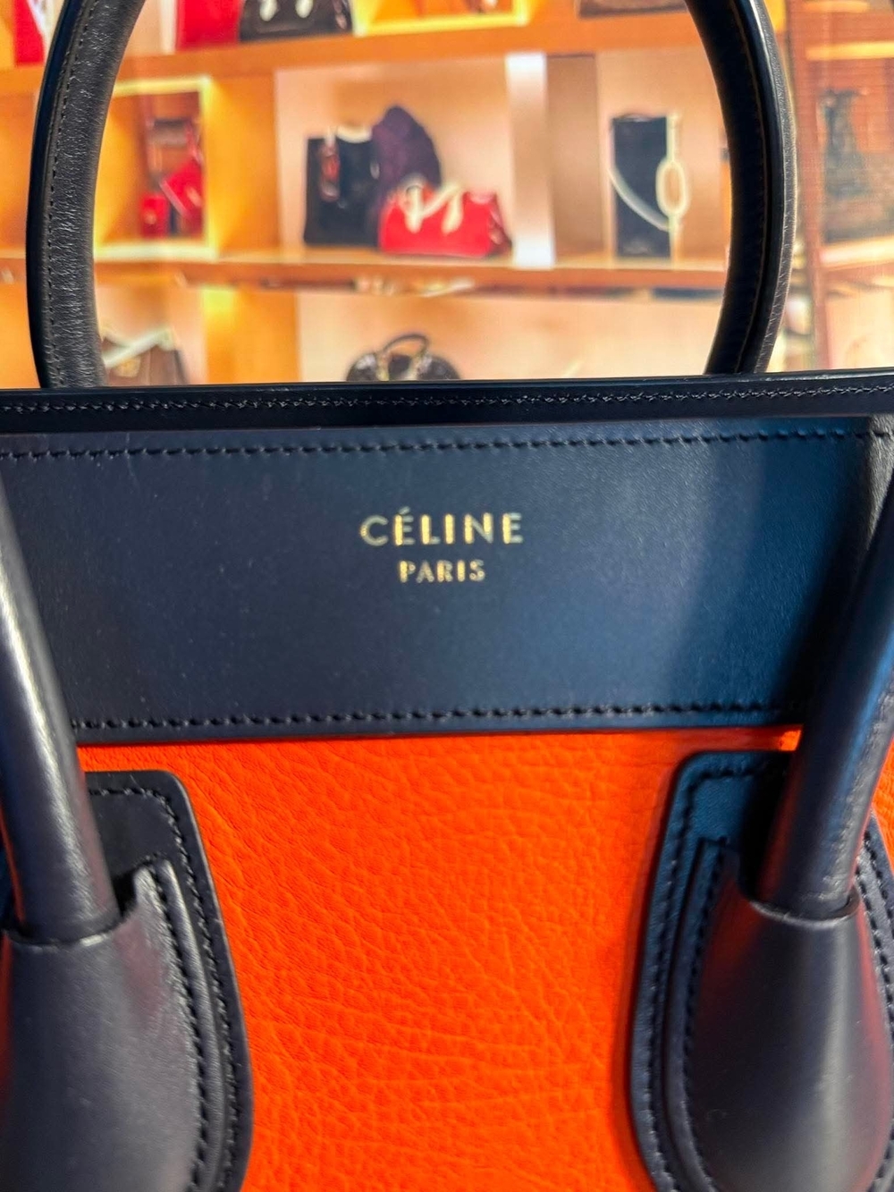 Celine Cream, Orange and Black Leather Tote - Picture 2 of 8